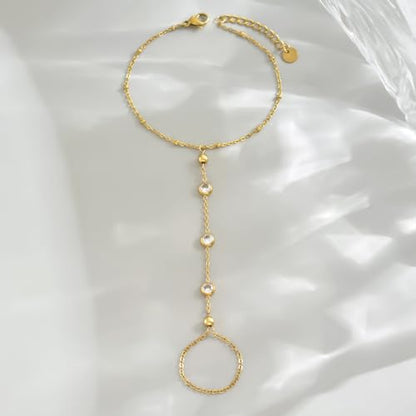 18K Gold Plated Hand Chain Bracelets for Women, Dainty Cubic Zirconia, Heart, Beads, Bamboo Link Charm Bracelet, Trendy Adjustable Finger Ring Bracelet, Hand Chain Jewelry, Christmas Gifts - style: Bead CZ Hand Chain