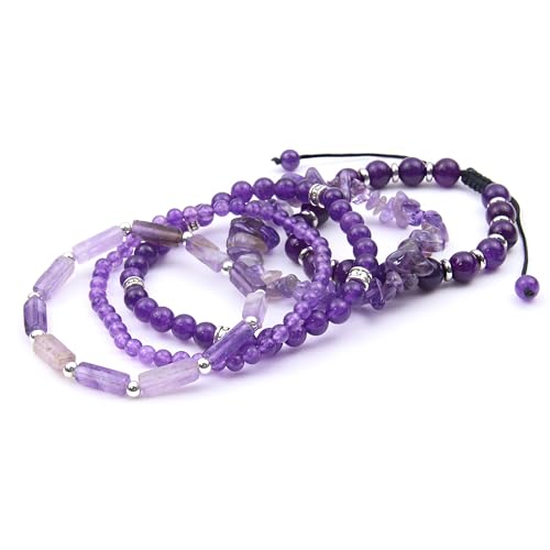 5Pcs Healing Crystal Bracelet for Women Men, Handmade Adjustable Gemstone Bracelets Beaded Reiki Energ Bracelet Set Jewelry Gifts for Women Men - color: Amethyst