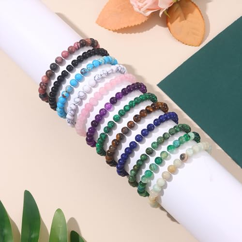 FIRAZIO 12PCS 6mm 8mm Gemstone Beaded Bracelets for Women Semi-Precious Natural Crystal Bracelets Round Beads Gemstones Stretch Bracelet Jewelry Gift - style: 6MM