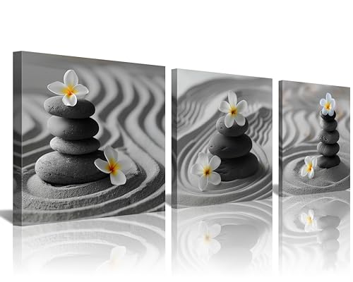 NAN Wind 3 Piece Frangipani Flowers Wall Art Zen Pebble Stone and Sand Giclee Print Framed Artwork Zen Canvas Prints Calm Peaceful Still Life Floral Picture Modern Meditation Spa Room Wall Decor - color: Frangipani, size: 14X14inchX3
