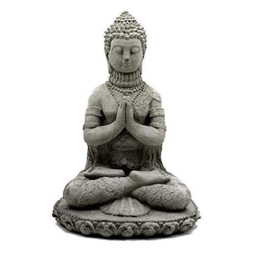Praying Buddha Statue: Durable Solid Stone Sculpture with Aged Texture. Unique Home Décor, Garden Accent. Sealed for Outdoors. Handcrafted USA. (Antique/Gray)