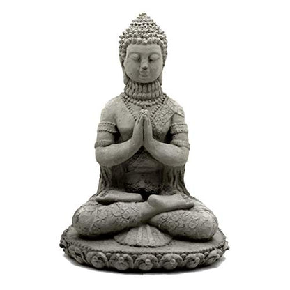 Praying Buddha Statue: Durable Solid Stone Sculpture with Aged Texture. Unique Home Décor, Garden Accent. Sealed for Outdoors. Handcrafted USA. (Antique/Gray)