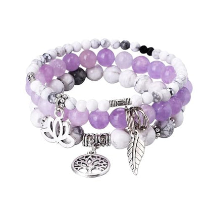 Tree of Life Yoga Healing Stone Bracelets,Multilayer Lotus Chakra Stone Reiki Bracelet Sets,Anxiety Crystal Natural Stone,for Women Stress Relief - style: White turquoise+Purple Jade