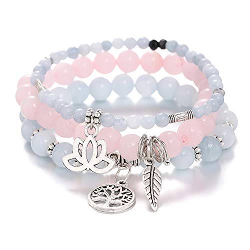 Tree of Life Yoga Healing Stone Bracelets,Multilayer Lotus Chakra Stone Reiki Bracelet Sets,Anxiety Crystal Natural Stone,for Women Stress Relief - style: Aquamarine + pink crystal