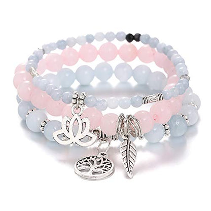 Tree of Life Yoga Healing Stone Bracelets,Multilayer Lotus Chakra Stone Reiki Bracelet Sets,Anxiety Crystal Natural Stone,for Women Stress Relief - style: Aquamarine + pink crystal