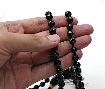Amazing Gemstone Japa Mala 108 Prayer Beads Necklace and Wrist Mala Bracelet for Meditation - color: Black Banded Agate, size: Hand Knotted