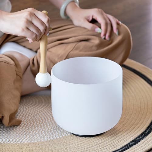 432HZ 7 Inch F Note Heart Chakra Frosted Quartz Crystal Singing Bowl Meditation Therapy Sound Healing Bowl with Mallet O-ring and White Carry Bag - size: 7 inch F