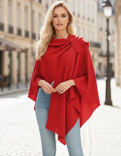 Womens Open Front Poncho Sweater Wrap Topper Knitted Elegant Shawls Cape for Spring Fall Winter - color: Series 1-red