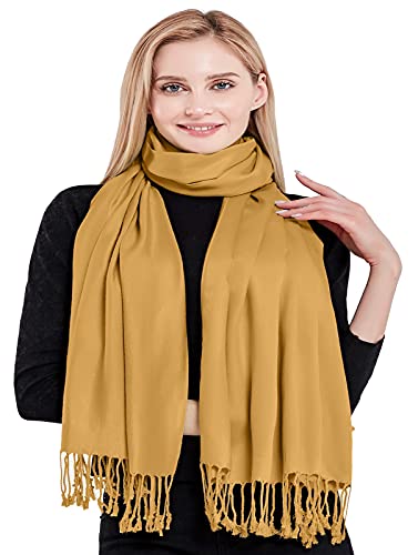 CJ Apparel Solid Color Tassels Design Nepalese Shawl Scarf Wrap Stole Throw Head Wrap Pashmina Gift Hand Made in Nepal New - color: Light Gold Mix