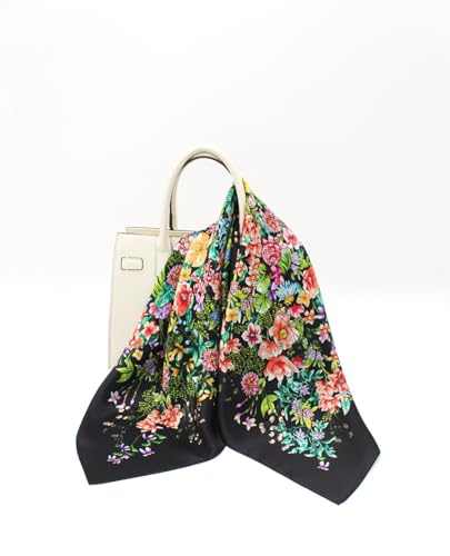 ANDANTINO 100% Mulberry Silk Square Scarf for Hair-25.6" X25.6'' Women Men Natural Silk Neckerchief Digital Printed Headscarf - color: Floral-black