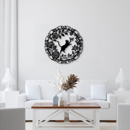 GlintHome Metal Cat Wall Art Decor Butterflies and Cats Black Wall Hanging Decor Silhouette for Home Bedroom Living Room Bathroom Kitchen Office Garden Wall Decoration - color: Black-2, size: Small