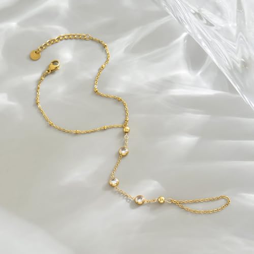 18K Gold Plated Hand Chain Bracelets for Women, Dainty Cubic Zirconia, Heart, Beads, Bamboo Link Charm Bracelet, Trendy Adjustable Finger Ring Bracelet, Hand Chain Jewelry, Christmas Gifts - style: Bead CZ Hand Chain