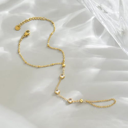 18K Gold Plated Hand Chain Bracelets for Women, Dainty Cubic Zirconia, Heart, Beads, Bamboo Link Charm Bracelet, Trendy Adjustable Finger Ring Bracelet, Hand Chain Jewelry, Christmas Gifts - style: Bead CZ Hand Chain