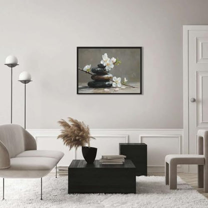 Framed Zen Stones and Blossoms Poster Canvas Print Art Minimalist Aesthetic Wall Art Pictures Wall Decor Art Print Exquisite Home Decor Living Room Bedroom Office (black frame,16" Lx24 W) - size: 16"Lx24"W