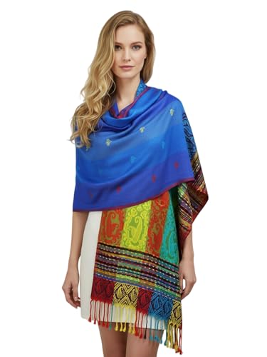 PASKMLNA Double Side Multi Colors Silky Tropical Colorful Exotic Pashmina Wrap Shawl Scarf Rave - color: #2royal Blue