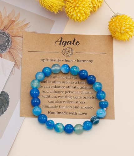 BOMAIL Natural Stone Bracelet for Women Men - 8MM Semi-Precious Gemstone Beaded Bracelet Healing Crystal Stretch Bracelet Yoga Bracelets Jewelry - color: Agate