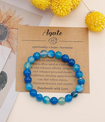 BOMAIL Natural Stone Bracelet for Women Men - 8MM Semi-Precious Gemstone Beaded Bracelet Healing Crystal Stretch Bracelet Yoga Bracelets Jewelry - color: Agate