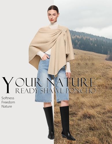 PULI Womens Elegant Cross Front Shawl Wraps Knitted Ponchos Cape Light Weight Poncho Sweater Soft Warm Travel Wraps - color: Rib-barley Twist