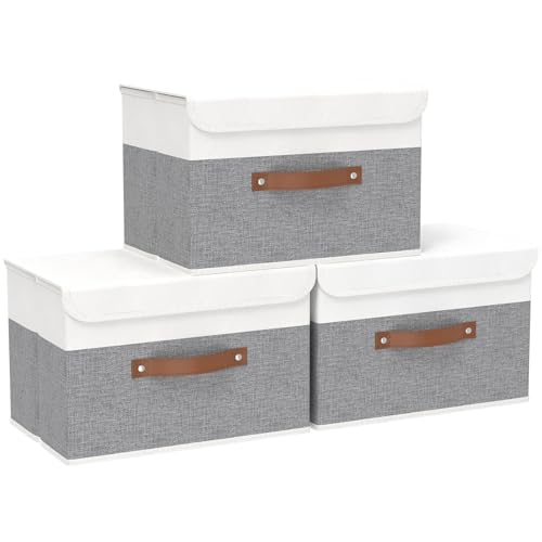 Yawinhe Storage Bins with Lids, Fabric Foldable Boxes, Washable and Leather Handle, Cube Organizer Basket for Home, Closet, White/Grey, 17.7''Lx11.8''Wx11.8''H, 3-Pack, USNK024WGX-3 - color: White/Grey, size: XL/(3 Pack)