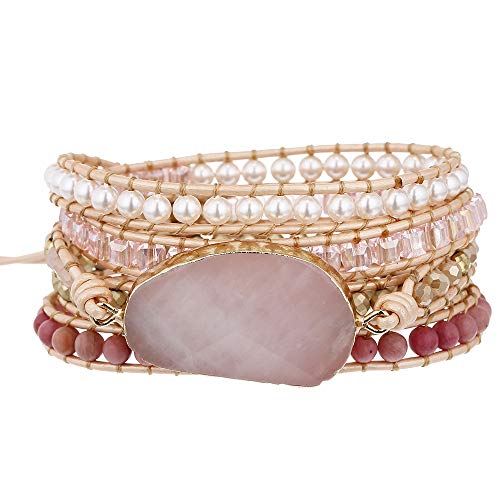 Plumiss Women Boho Handmade Natural Stone Crystal Leather Bead Wrap Bracelets Collection - style: Rose Quartz 5W
