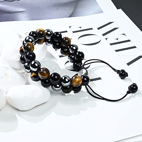 Triple Protection Bracelet Natural Black Obsidian Tigers Eye Hematite Beads Crystal Bracelet Healing Bracelets for Men Women Bring Prosperity Luck and Health - color: Black