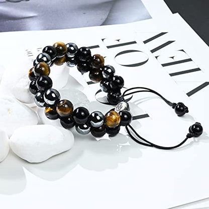 Triple Protection Bracelet Natural Black Obsidian Tigers Eye Hematite Beads Crystal Bracelet Healing Bracelets for Men Women Bring Prosperity Luck and Health - color: Black