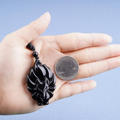 Black Obsidian Necklace Protection Pendant with Extended Bead Chain Healing Crystal Stone Amulet Necklace for Men Women - color: FoxC