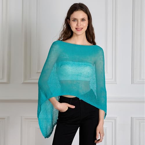 Women Sheer Poncho Top Knit Crochet Lightweight See Through Shawl Summer Shrug Beach Cover Up - color: A1 Blue