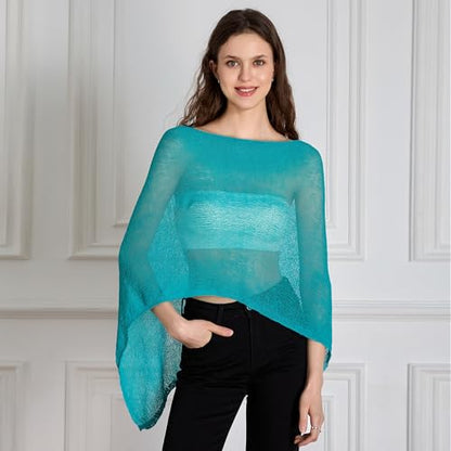 Women Sheer Poncho Top Knit Crochet Lightweight See Through Shawl Summer Shrug Beach Cover Up - color: A1 Blue