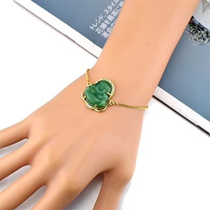18K Gold Plated Laughing Buddha Link Bracelet Pendant Jade Natural Stone Cubic Zirconia Crystal Adjustable Lucky Gemstone Amulet Protection Jewelry for Women Men