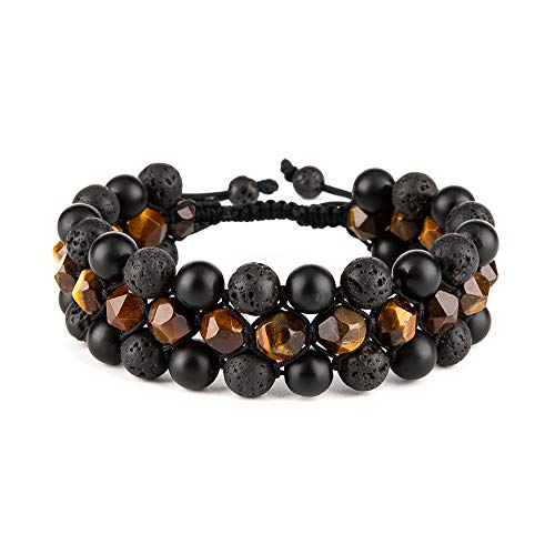 8mm Natural Lava Rock Stone Bracelets for Men, Healing Crystal Essential Oil Diffuser Beads Bracelet Chakra Yoga Energy Anxiety Gemstone Bracelet - color: Yellow Tiger Eye + Lava Rock + Agate