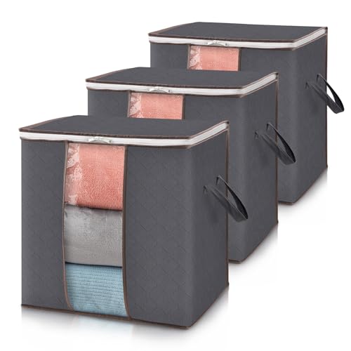 Lifewit 3 Pack 100L Clothes Storage Bins with Lids, Foldable Blanket Storage Bags with Zippers, Clear Window and Reinforced Handles, Closet and Organization for Clothing, Sweater, Comforter, Bedding - size: 100L