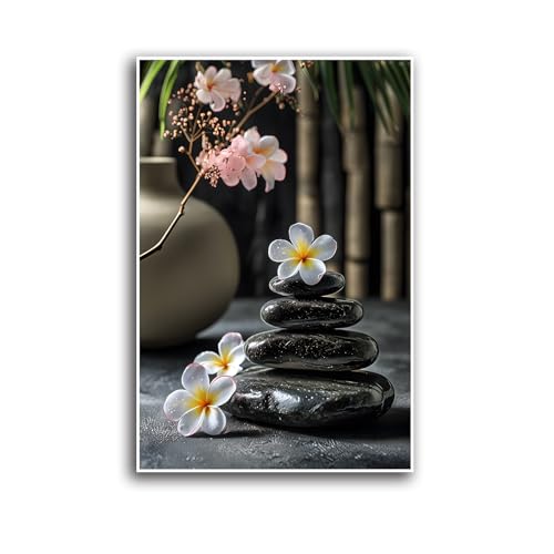 A harmonious black stone stack paired with white and pink flowers bamboo and ceramic vases creates a tranquil Zen decor for minimalist homes and mindful spaces 32x48in Frameless - color: Tranquil Stone, size: 32x48in Frameless
