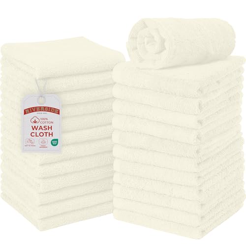 RIVERSIDE Pack of 24 Wash Cloths for Showering, 12 x 12 Inches, Super Soft & Absorbent, 100% Cotton Washcloths Premium Quality Flannel Face Cloths for Bathroom, Gym, Spa (Cannoli Cream, 24 Pack) - color: Cannoli Cream