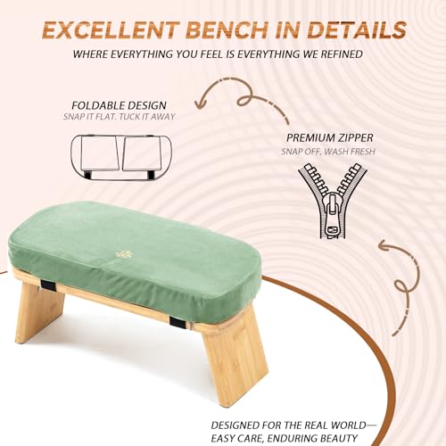 Meditation Bench, Bamboo Meditation Stool, Folding Kneeling Meditation Bench, Seiza Prayer Bench, Prayer Bench with Meditation Cushion, Kneeling Stool(Green) - color: Green