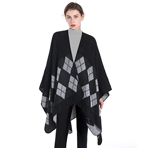 Shawl Wraps for Women, Elegant Knitted Cape Open Front Poncho Scarf Blanket Cardigan Coat for Spring, Autumn, and Winter - color: Black White