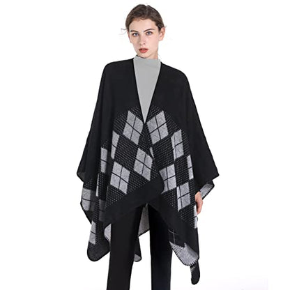 Shawl Wraps for Women, Elegant Knitted Cape Open Front Poncho Scarf Blanket Cardigan Coat for Spring, Autumn, and Winter - color: Black White