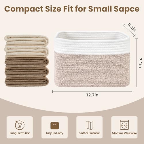 Optish 4 Pack Woven Basket for Storage, Basket for Organizing and Shelves, Rope Storage Basket for Toys, Towels, Books, Clothes, Baskets for Gifts Empty, 12.7'' X 8.3'' X 7.1'', White & Brown