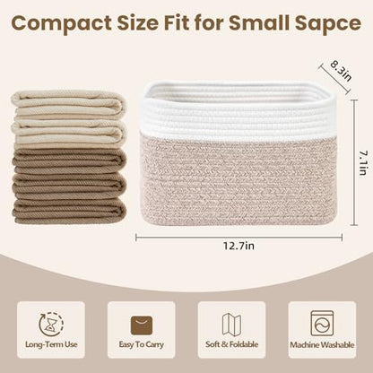 Optish 4 Pack Woven Basket for Storage, Basket for Organizing and Shelves, Rope Storage Basket for Toys, Towels, Books, Clothes, Baskets for Gifts Empty, 12.7'' X 8.3'' X 7.1'', White & Brown