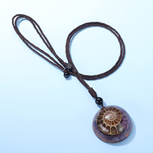 Jovivi 7 Chakra Gemstone Reki Healing Crystal Necklace Round Circle Shape Ammonite Fossil Resin Chip Stones Pendant Necklace for Women Men Life Tree Jewelry Christmas Gifts - color: Ammonite Fossil - Amethyst