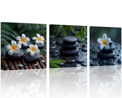 TutuBeer 3 Panels Zen Canvas Wall Art Spa Artwork for Walls Still Life Spa Stone Bamboo with White Frangipani Flower Pictures Print on Canvas for Home Office Wall Decor Stretched and Framed 12x12inch - color: Still Life Spa Stone 2, size: 12x12inchx3