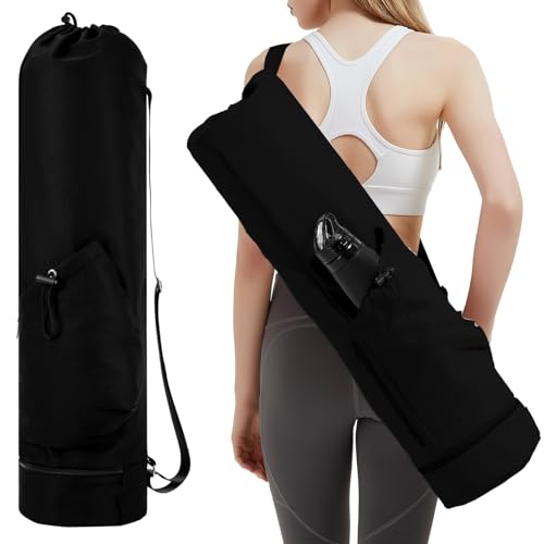 sportsnew Yoga Mat Bag with Water Bottle Pocket and Bottom Wet Pocket, Exercise Yoga Mat Carrier Multi-Functional Storage Bag, Patent pending - color: Black, size: Medium