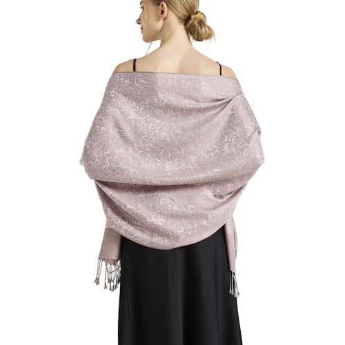 Silky Paisley Pashmina Shawl Scarf-Women's Soft Double-side Jacquard Pashminas Wrap for Evening Dress Travel Shawl - color: A-pink Grey