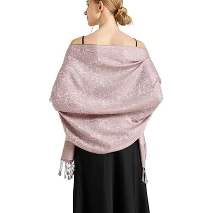 Silky Paisley Pashmina Shawl Scarf-Women's Soft Double-side Jacquard Pashminas Wrap for Evening Dress Travel Shawl - color: A-pink Grey