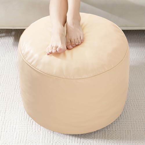 HIGOGOGO Round Stuffed Pouf Ottoman, Pu Leather Poufs with Foam Chunk Filling, Furry and Fluffy Pouf Foot Stool Storage Ottoman, 20 X 15 Floor Poufs Foot Rest for Living Room, Beige - color: Beige, size: 20"D x 20"W x 15"H