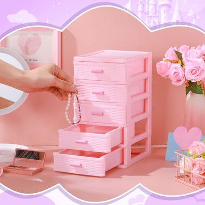 Pink Plastic Storage Drawers Desktop Storage Box Mini Drawer Organizer Necklace Jewelry Storage Case Cute Plastic Dresser for Girls Bathroom, Dorm, Desk, Home, 5 Layers