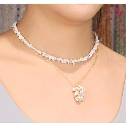 2Pcs Crystal Necklace for Women Handmade Choker Necklaces Pendant Necklace Natural Stone Gemstone Beaded Necklace 18k Gold Plated Adjustable Dainty Necklace for Women - color: Howlite