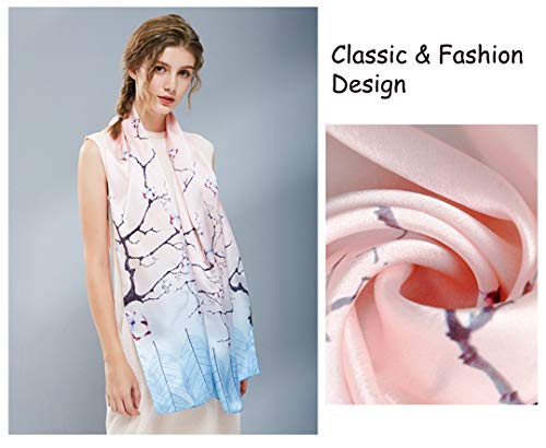 100% Mulberry Silk Long Scarf for Women Large Shawls for Headscarf and Neck- Oblong Hair Wraps with Gift Packed - color: Blue&pink Branches