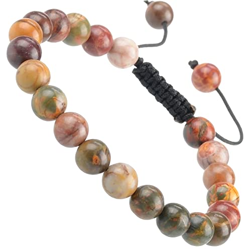 MASSIVE BEADS Natural Healing Power Gemstone Crystal Beads Unisex Adjustable Macrame Bracelets - color: Picasso Jasper, size: 8mm