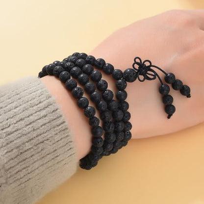108 Mala Prayer Beads Bracelet 6mm Genuine Gemstone Healing Crystal Stone Beaded Bracelet Buddhist Tibetan Handmade Knotted Elastic Necklace for Yoga Meditation Unisex Women Men - color: Black Lava